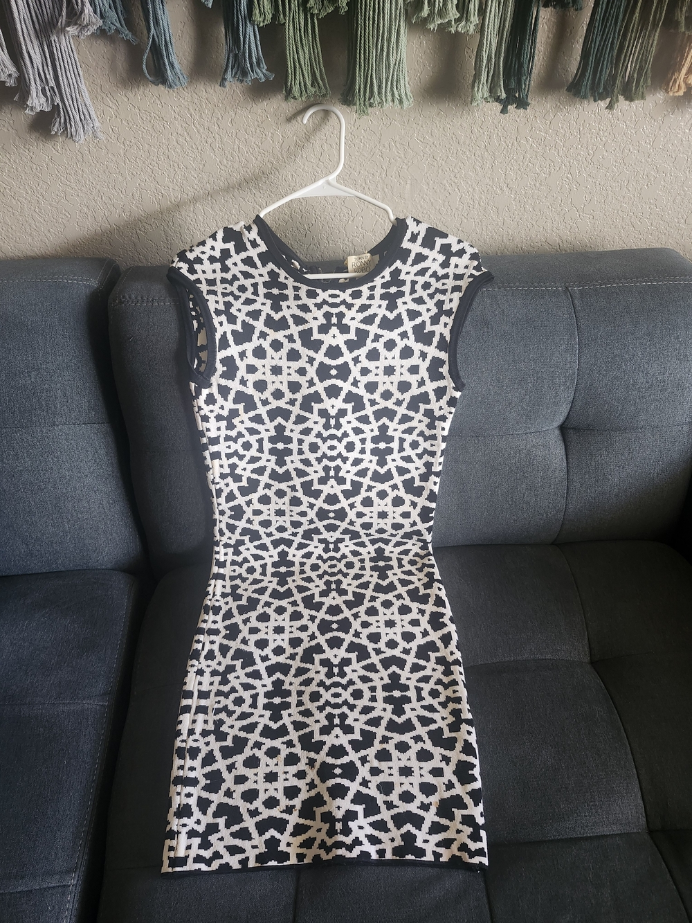 Torn by Ronny Kobo Navy and White Geometric Sleeveless Sheath Dress